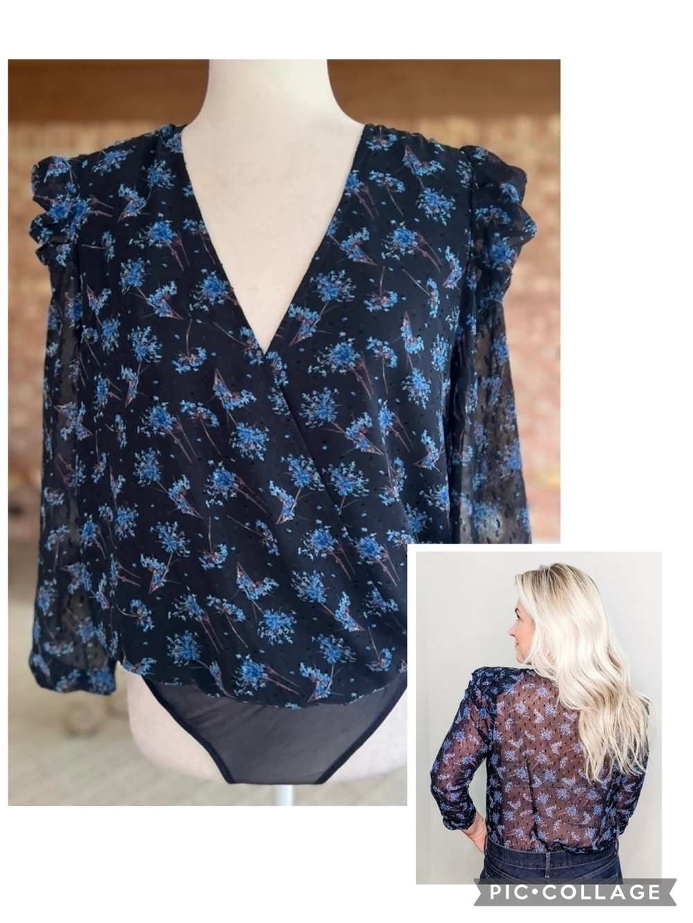 Lush Blue Black Floral Swiss Dot Sheer Bodysuit Puff Sleeve NWT M Cocktail